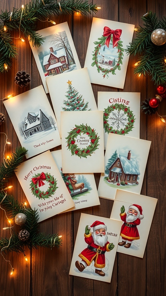 Vintage Christmas Card Wishes A display of vintage Christmas cards with traditional holiday designs on a rustic table.